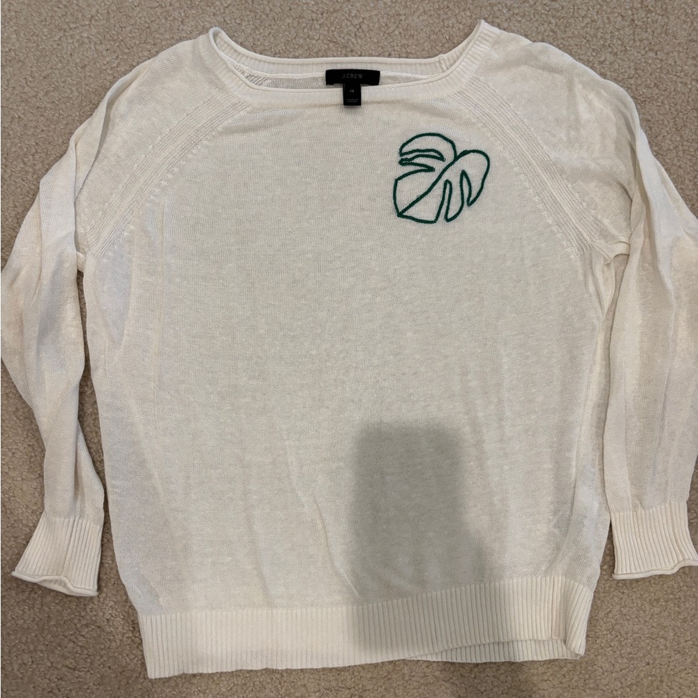 J. Crew summer weight linen blend crewneck Sweater with leaf Embroidered Motif - Picture 4 of 5
